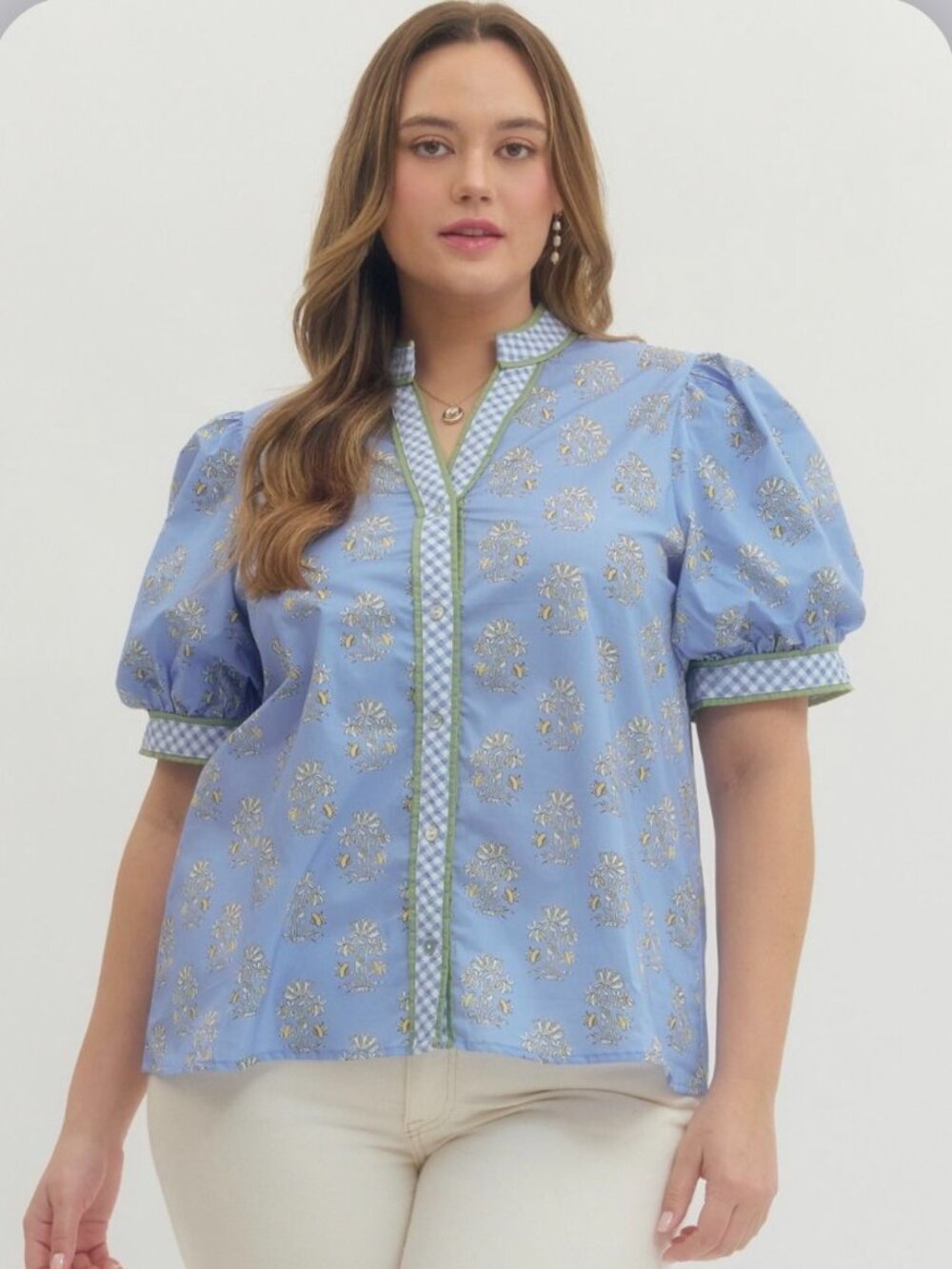 Entro Women's Blue Floral Garden Party Puff Sleeve Top ~ 1X ~ NWT